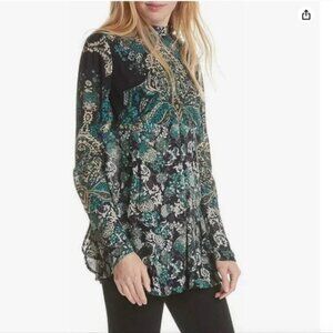 Free People Lady Luck Printed Tunic Green and Blue with Bell Sleeves Size Medium